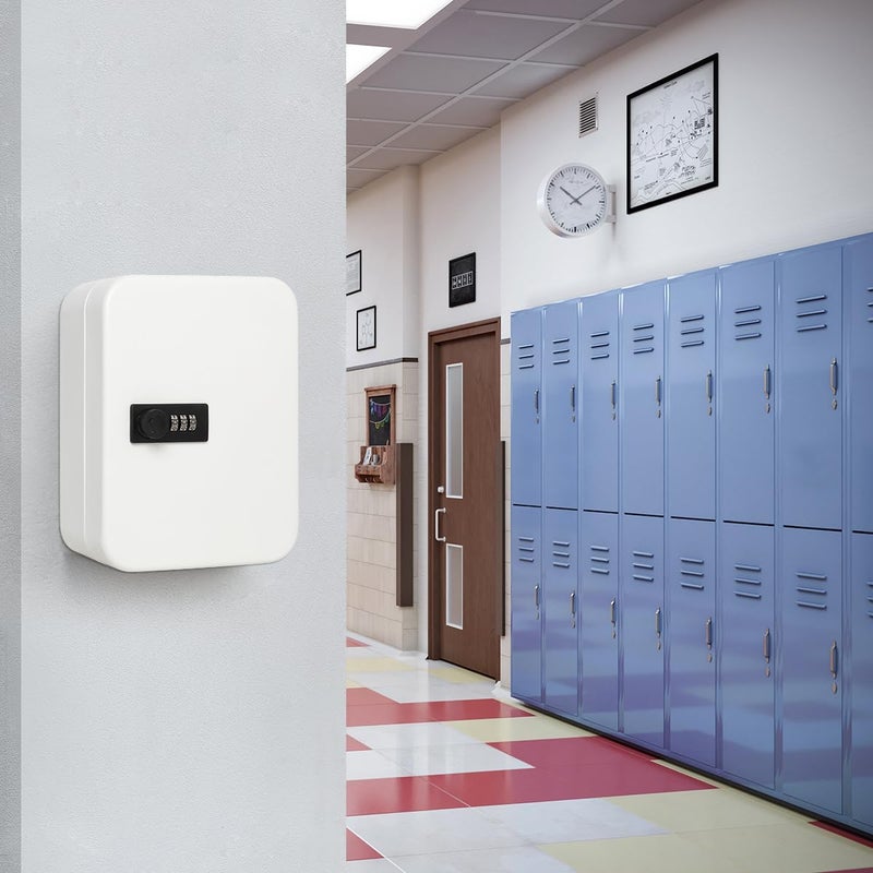 Parrency Key Lock Box Wall Mounted with 20 Key Hooks, Key Cabinet with Combination Lock Digital Security Storage Box with Colorful Key Tag Labels Stickers and Hooks,White, 7 4/5" x 6 1/5" x 2 4/5" - Image 2